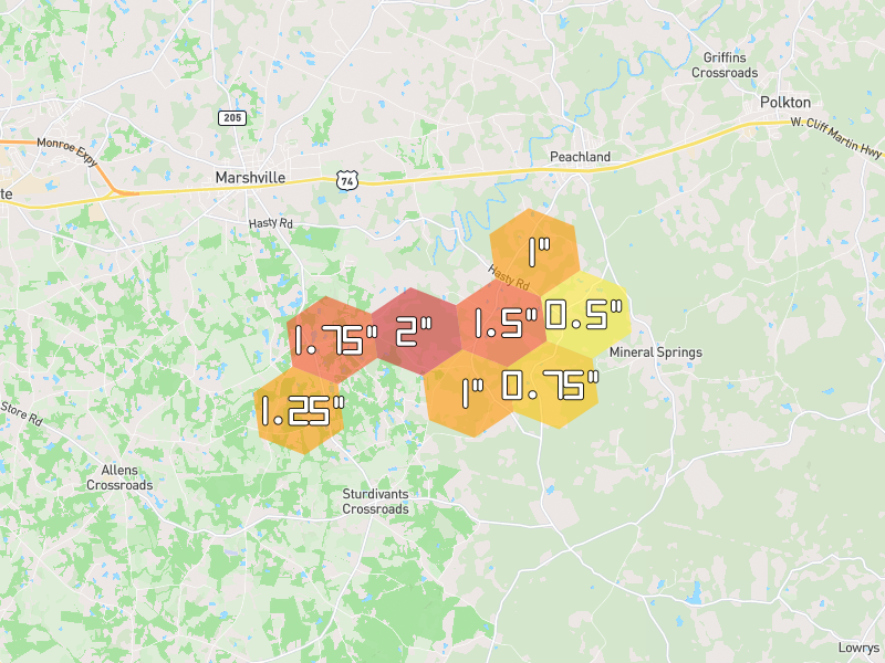 Hail map of Peachland, NC on Jul 6, 2026, hail up to 2"