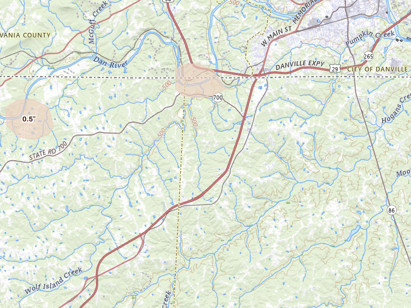Radar-estimated hail-size map of the storm over Pelham, NC on May 27, 2026