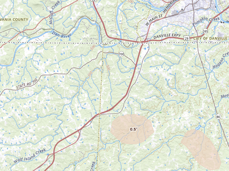 Radar-estimated hail-size map of the storm over Pelham, NC on Jul 28, 2026