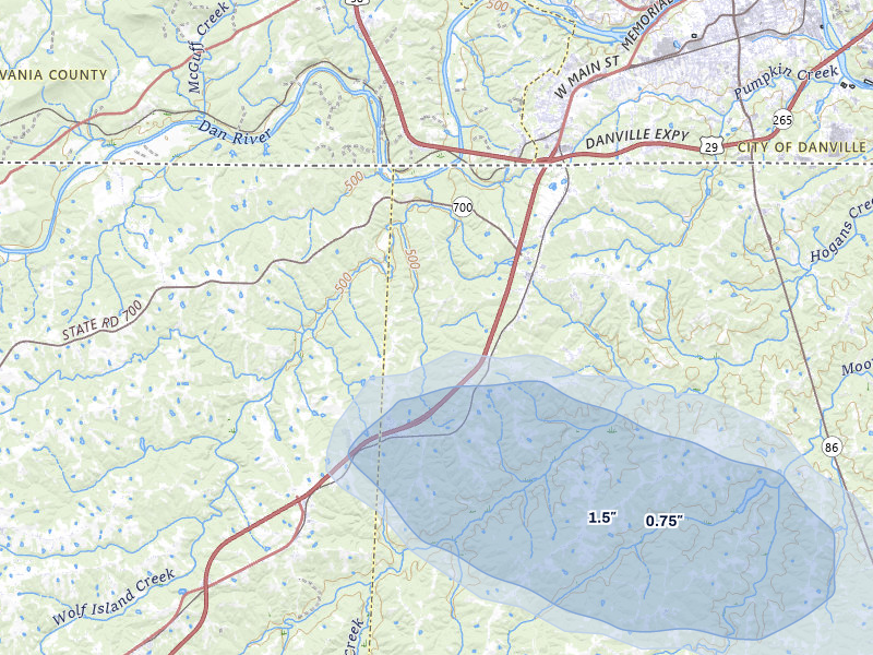 NEXRAD radar-signature map of the hail storm over Pelham, NC on Jul 28, 2026