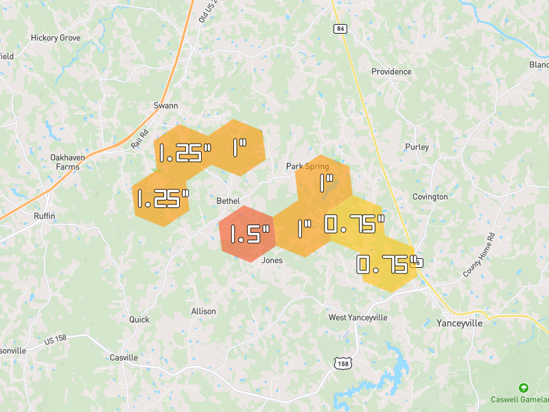 Hail map of Pelham, NC on Jul 28, 2026, hail up to 1.5"