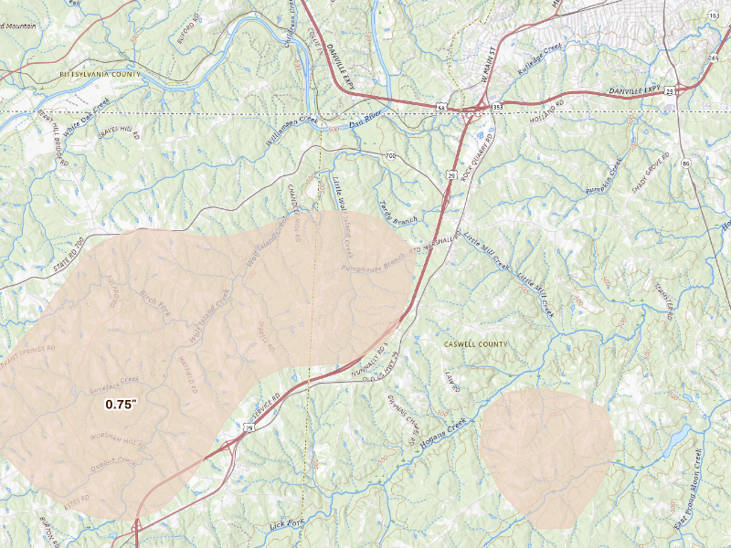 Radar-estimated hail-size map of the storm over Pelham, NC