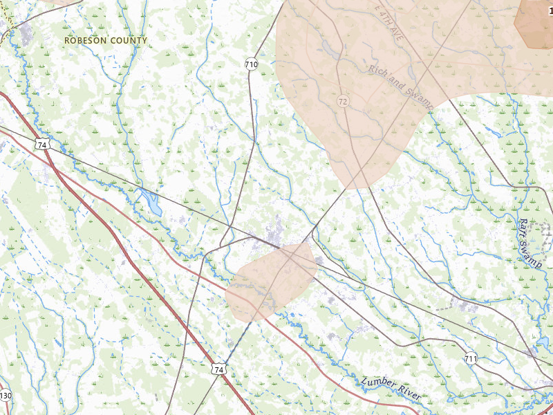 Radar-estimated hail-size map of the storm over Pembroke, NC on Jul 6, 2026