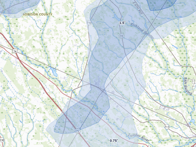 NEXRAD radar-signature map of the hail storm over Pembroke, NC on Jul 6, 2026