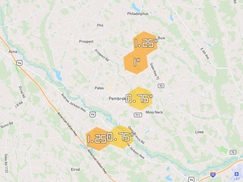 Hail map of Pembroke, NC on Jul 6, 2026, hail up to 1.25"