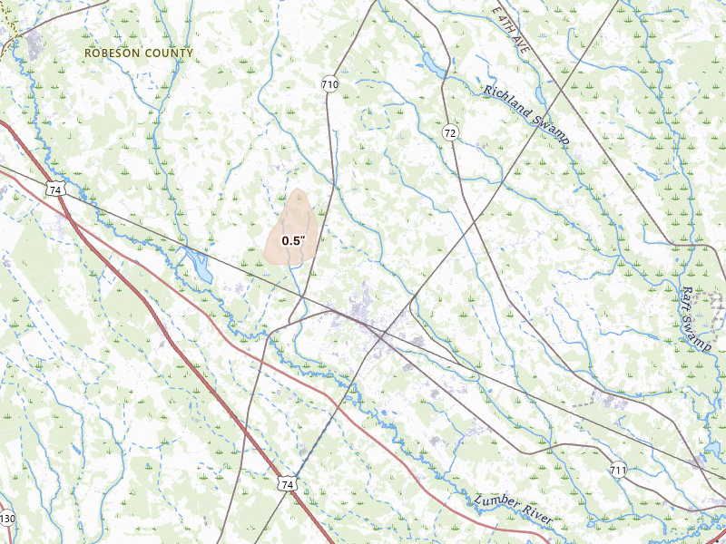 Radar-estimated hail-size map of the storm over Pembroke, NC on Jul 20, 2026
