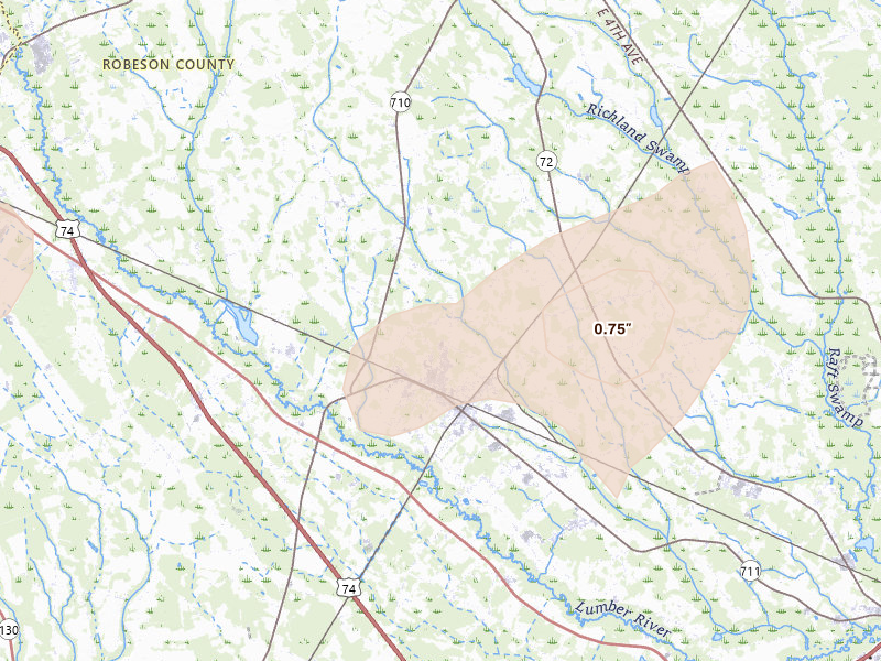 Radar-estimated hail-size map of the storm over Pembroke, NC on Aug 21, 2026
