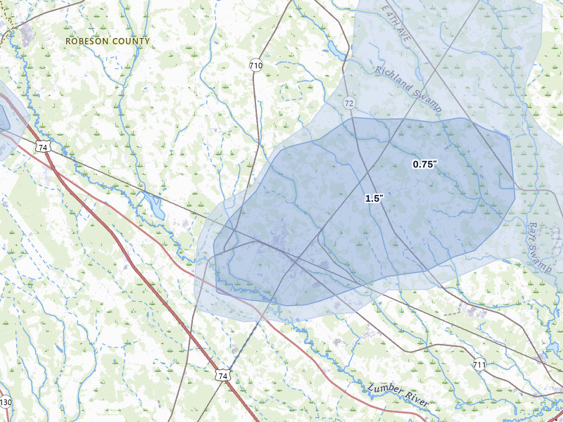 NEXRAD radar-signature map of the hail storm over Pembroke, NC on Aug 21, 2026
