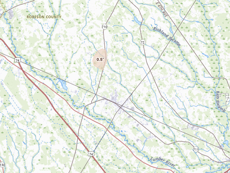 Radar-estimated hail-size map of the storm over Pembroke, NC on Aug 27, 2026