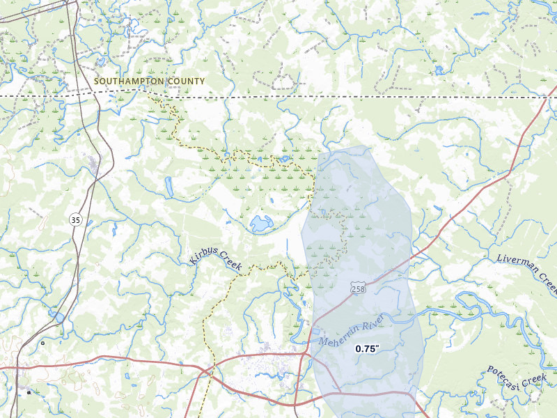 NEXRAD radar-signature map of the hail storm over Pendleton, NC on Jul 7, 2026