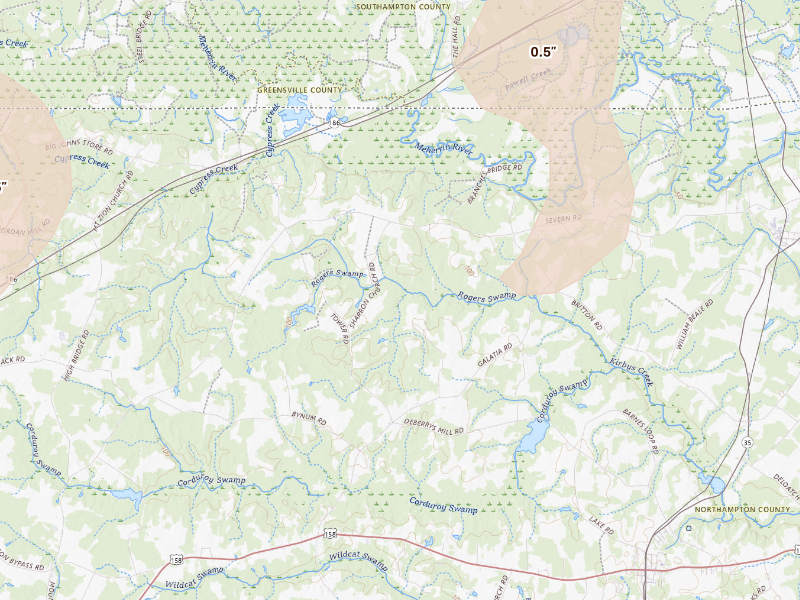 Radar-estimated hail-size map of the storm over Pendleton, NC