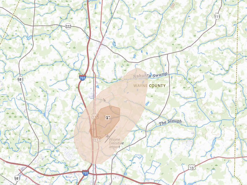 Radar-estimated hail-size map of the storm over Pikeville, NC on Jul 5, 2026