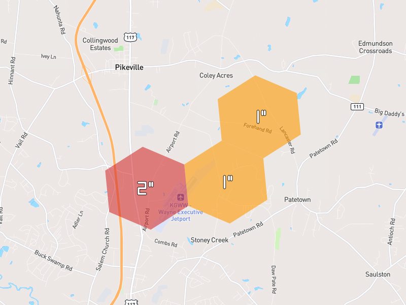 Hail map of Pikeville, NC on Jul 5, 2026, hail up to 2"