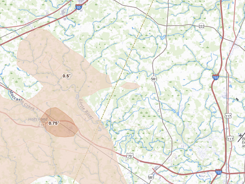Radar-estimated hail-size map of the storm over Pikeville, NC on Aug 11, 2026