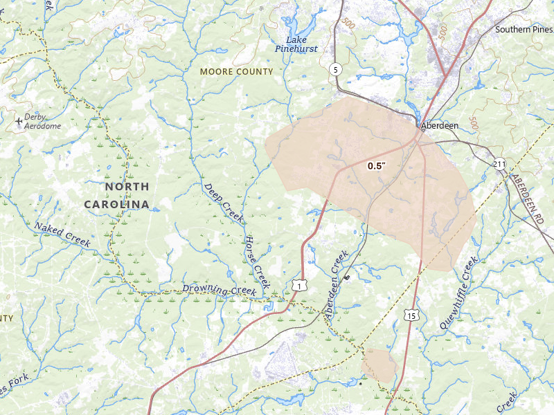Radar-estimated hail-size map of the storm over Pinebluff, NC on Aug 11, 2026