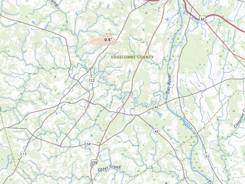 Radar-estimated hail-size map of the storm over Pinetops, NC on Jun 27, 2026