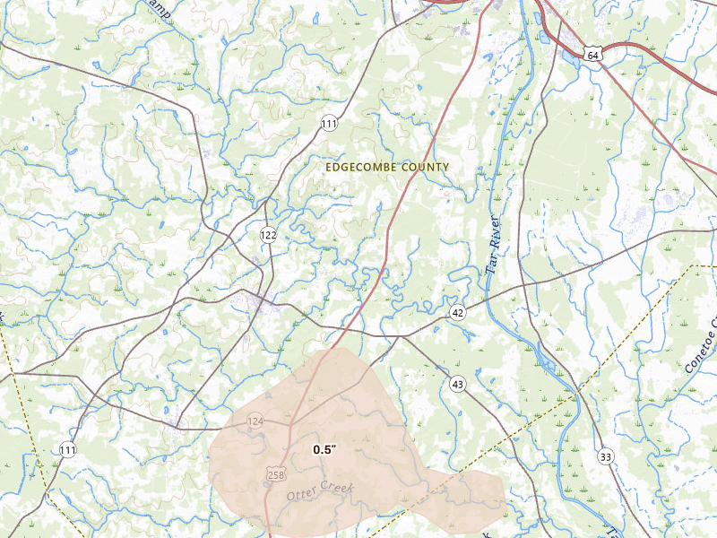 Radar-estimated hail-size map of the storm over Pinetops, NC on Jul 6, 2026