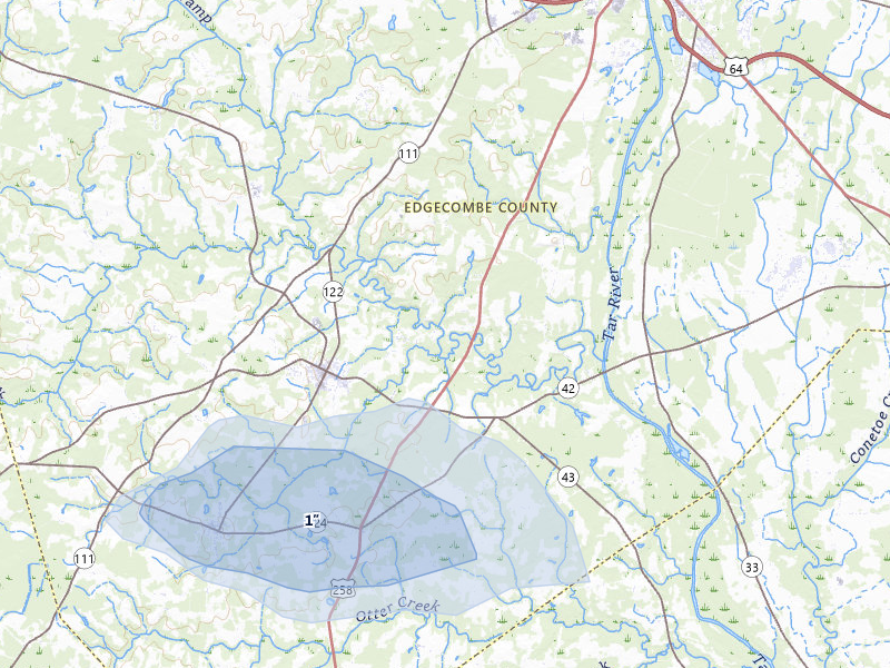 NEXRAD radar-signature map of the hail over Pinetops, NC