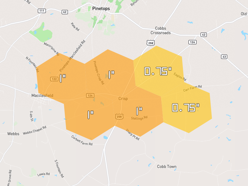 Hail map of Pinetops, NC on Jul 6, 2026, hail up to 1"