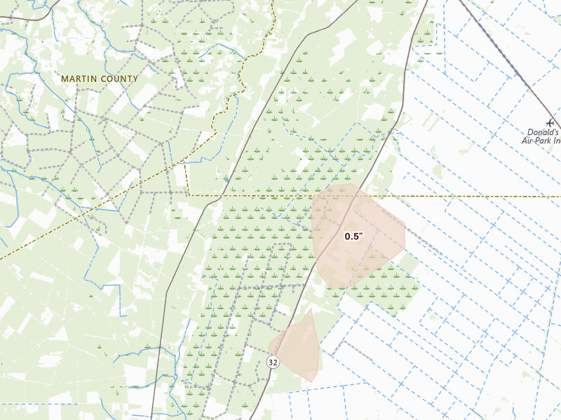 Radar-estimated hail-size map of the storm over Pinetown, NC