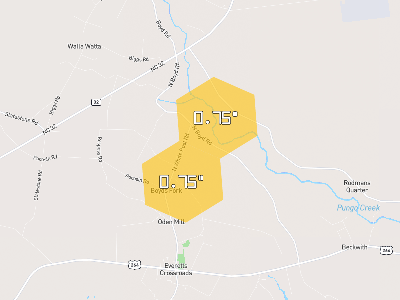 Hail map of Pinetown, NC on Jul 7, 2026, hail up to 0.75"