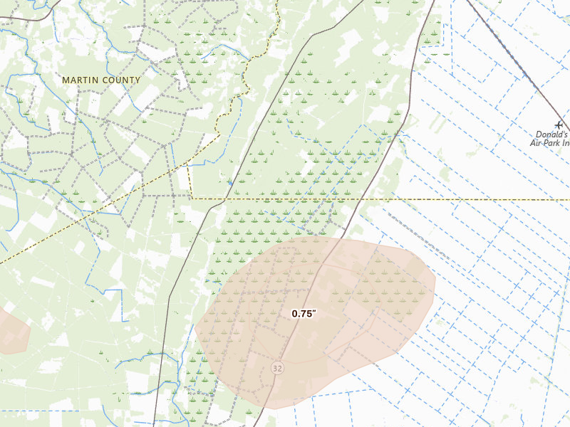 Radar-estimated hail-size map of the storm over Pinetown, NC