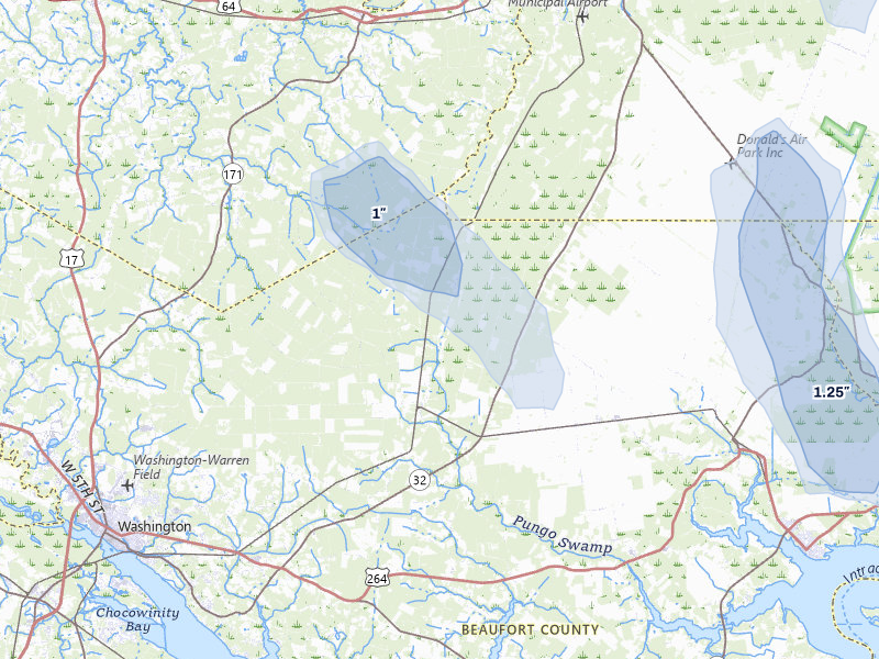 NEXRAD radar-signature map of the hail storm over Pinetown, NC on Aug 20, 2026