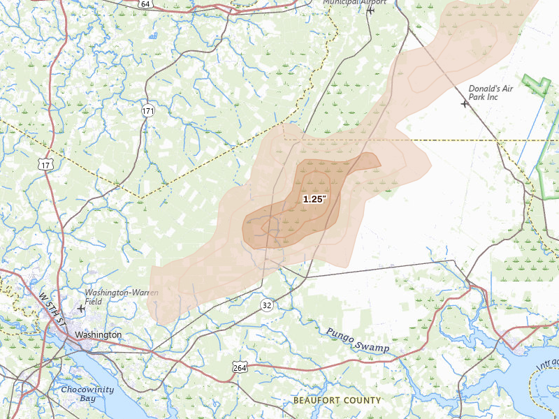 Radar-estimated hail-size map of the storm over Pinetown, NC on Aug 24, 2026