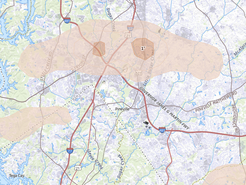 Radar-estimated hail-size map of the storm over Pineville, NC on Aug 21, 2026