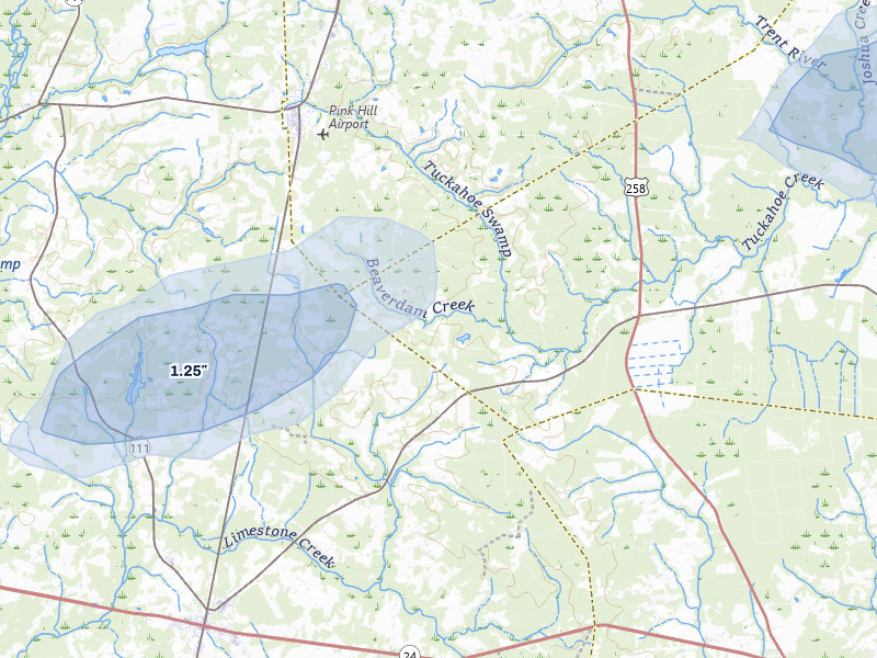 NEXRAD radar-signature map of the hail storm over Pink Hill, NC on Jul 6, 2026