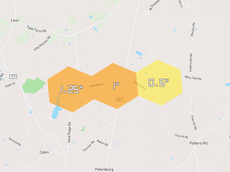 Hail map of Pink Hill, NC on Jul 6, 2026, hail up to 1.25"
