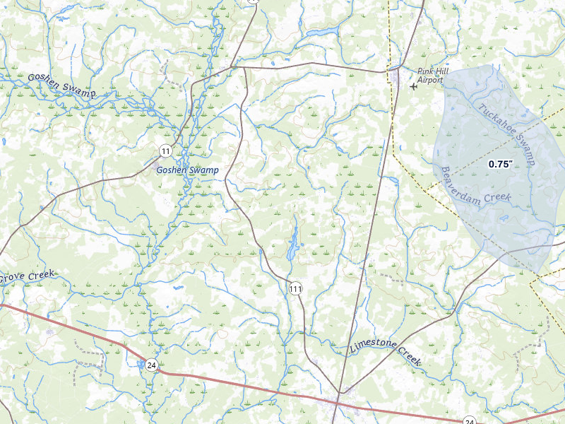 NEXRAD radar-signature map of the hail storm over Pink Hill, NC on Jul 8, 2026
