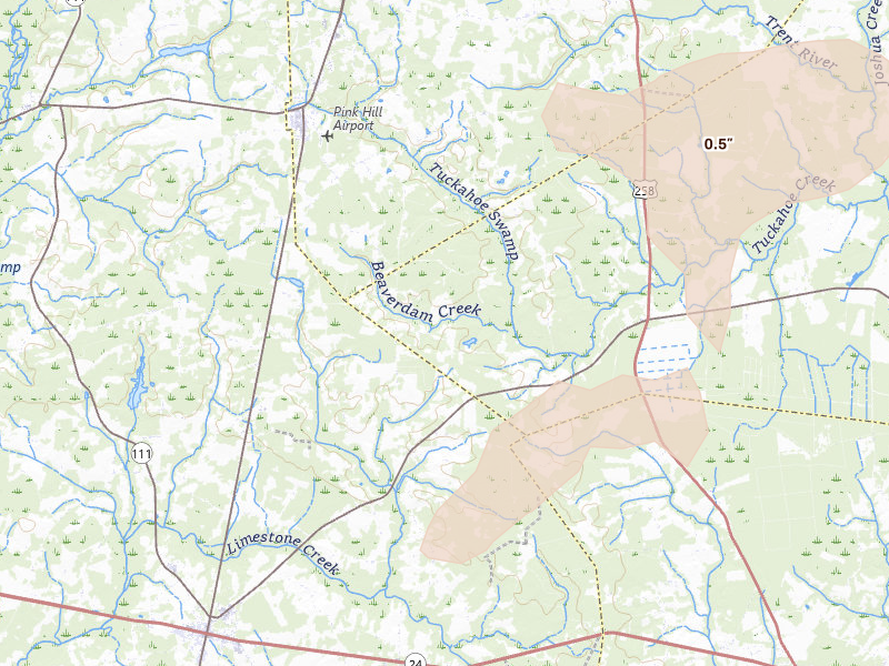 Radar-estimated hail-size map of the storm over Pink Hill, NC on Jul 19, 2026