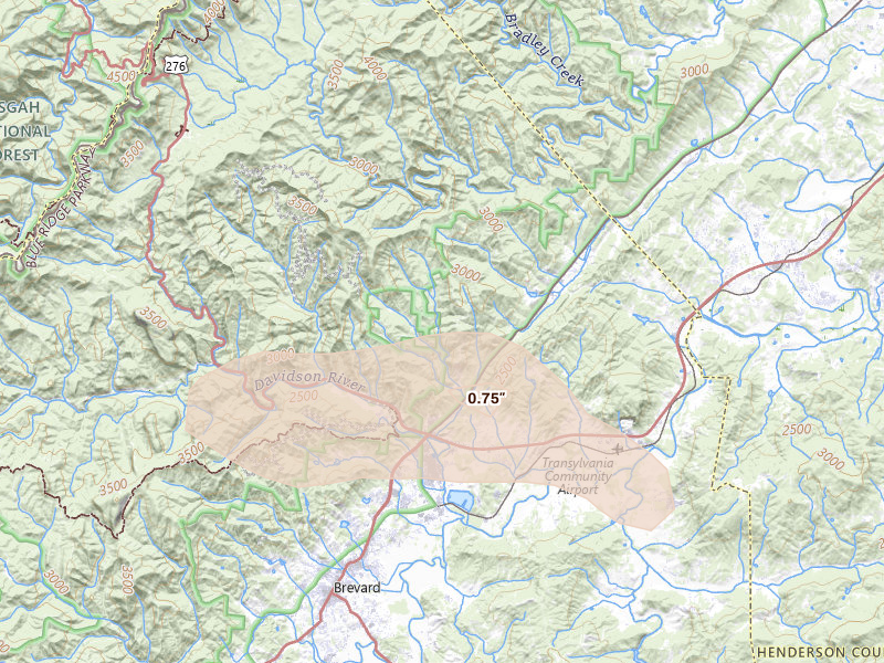 Radar-estimated hail-size map of the storm over Pisgah Forest, NC