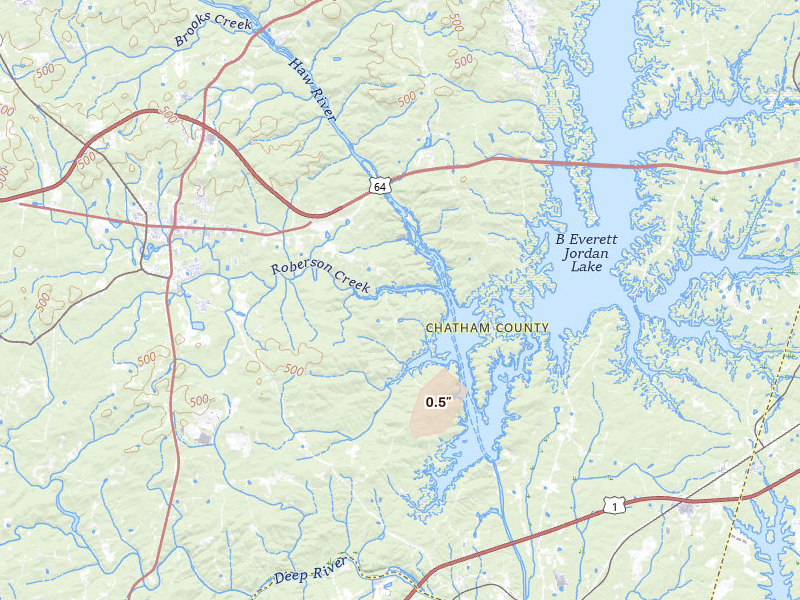 Radar-estimated hail-size map of the storm over Pittsboro, NC on Jul 18, 2026