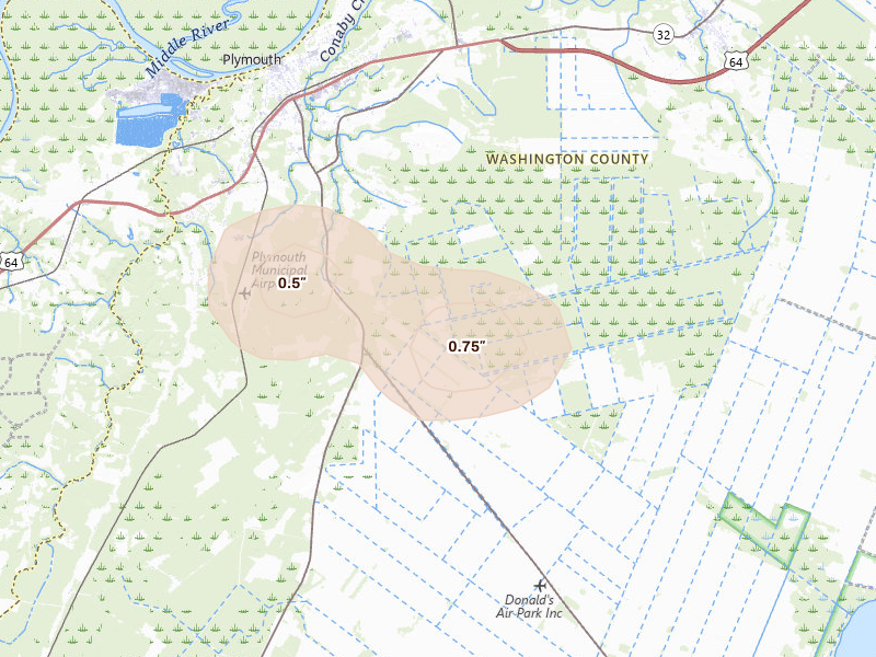 Radar-estimated hail-size map of the storm over Plymouth, NC on Jun 12, 2026