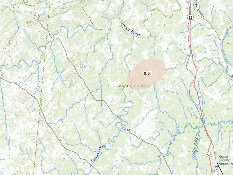 Radar-estimated hail-size map of the storm over Polkton, NC on Jul 19, 2026