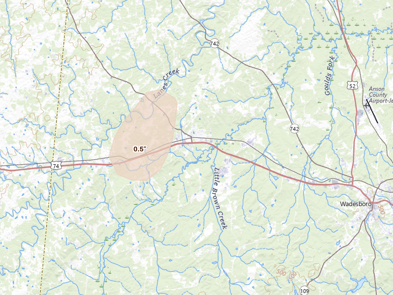 Radar-estimated hail-size map of the storm over Polkton, NC on Aug 6, 2026