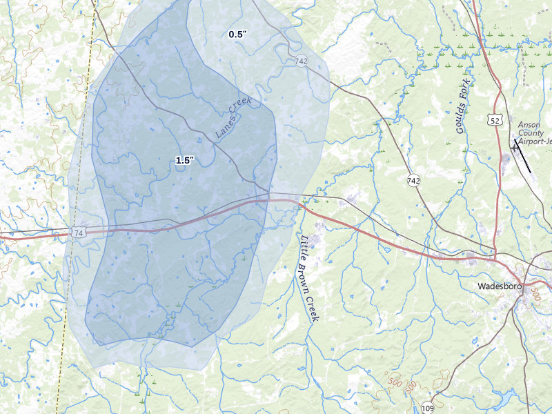 NEXRAD radar-signature map of the hail storm over Polkton, NC on Aug 6, 2026