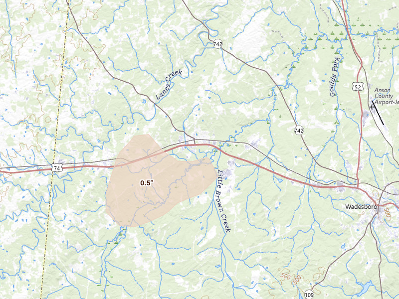 Radar-estimated hail-size map of the storm over Polkton, NC on Aug 21, 2026