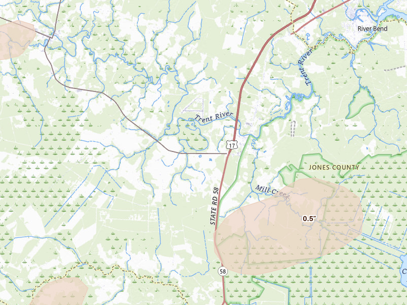 Radar-estimated hail-size map of the storm over Pollocksville, NC on Jun 14, 2026