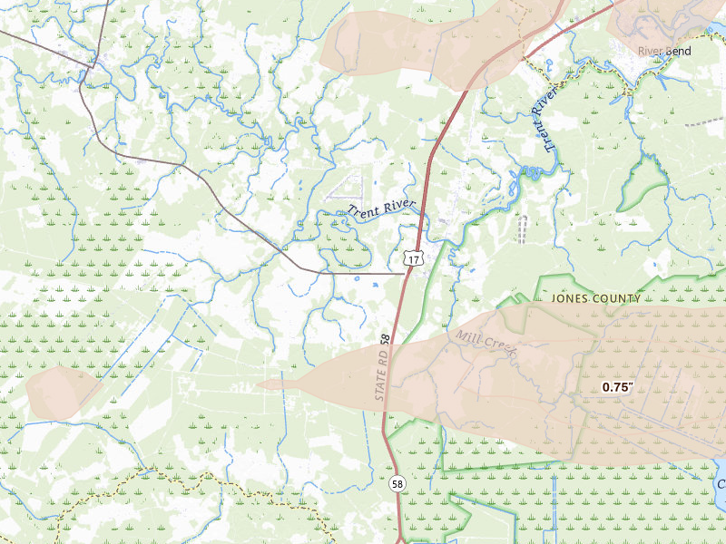 Radar-estimated hail-size map of the storm over Pollocksville, NC on Jun 27, 2026