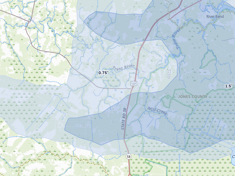NEXRAD radar-signature map of the hail over Pollocksville, NC
