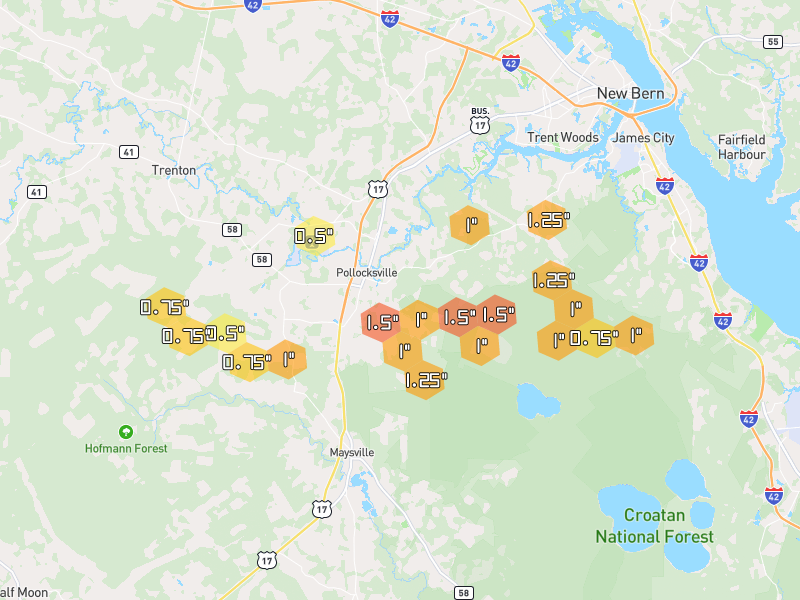 Hail map of Pollocksville, NC on Jun 27, 2026, hail up to 1.5"