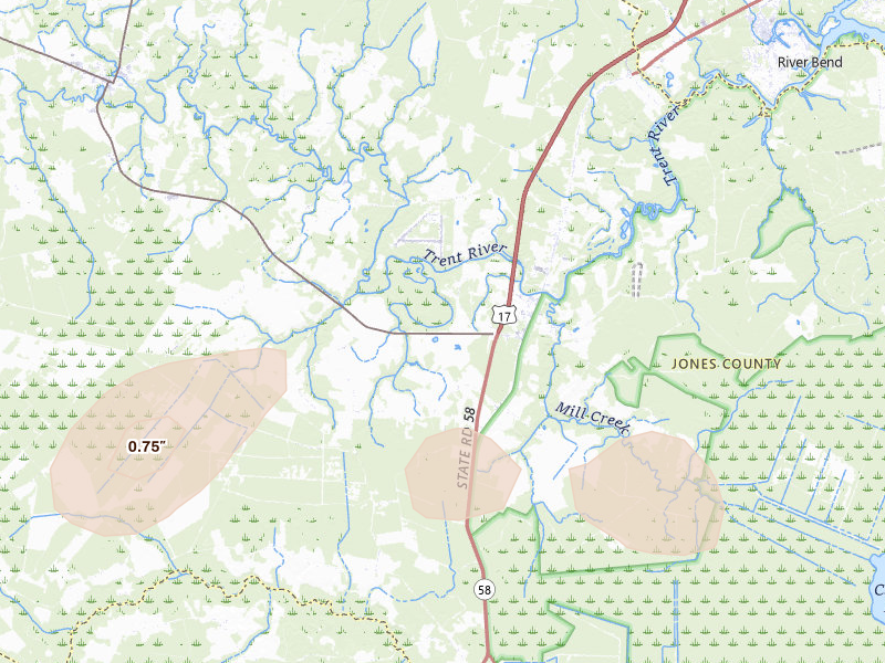 Radar-estimated hail-size map of the storm over Pollocksville, NC on Jul 6, 2026