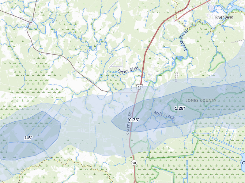 NEXRAD radar-signature map of the hail over Pollocksville, NC