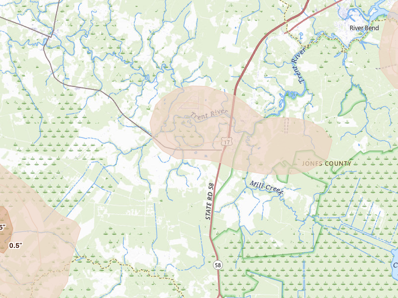 Radar-estimated hail-size map of the storm over Pollocksville, NC on Jul 8, 2026