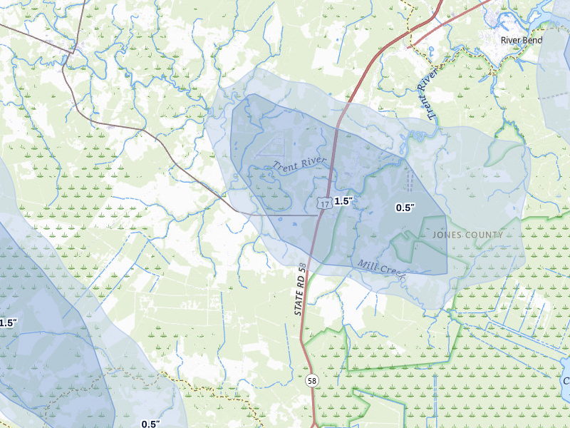 NEXRAD radar-signature map of the hail over Pollocksville, NC