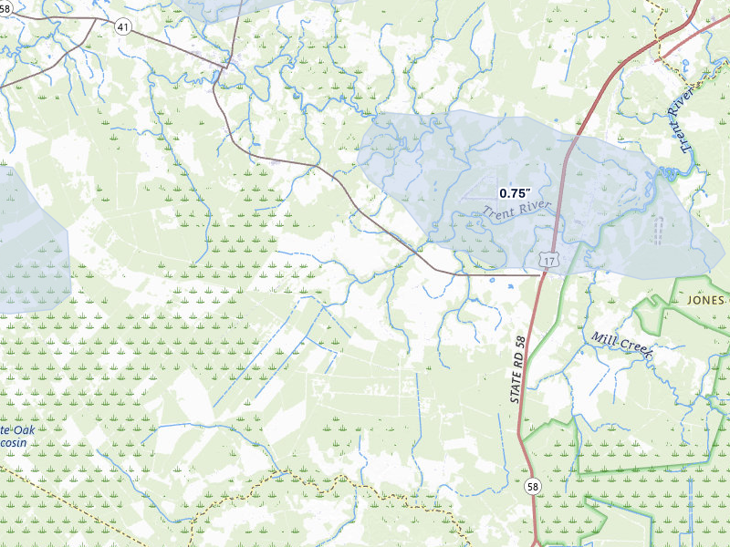 NEXRAD radar-signature map of the hail storm over Pollocksville, NC on Aug 24, 2026