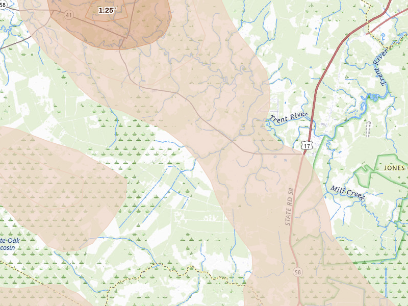 Radar-estimated hail-size map of the storm over Pollocksville, NC